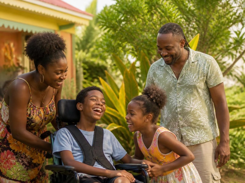 Famille martiniquaise réunie dans un jardin, dont un enfant en fauteuil roulant