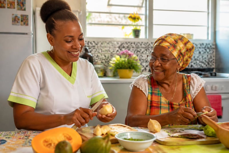 Une intervenante d’Ange & Services prépare le repas avec une dame âgée dans sa cuisine en Martinique